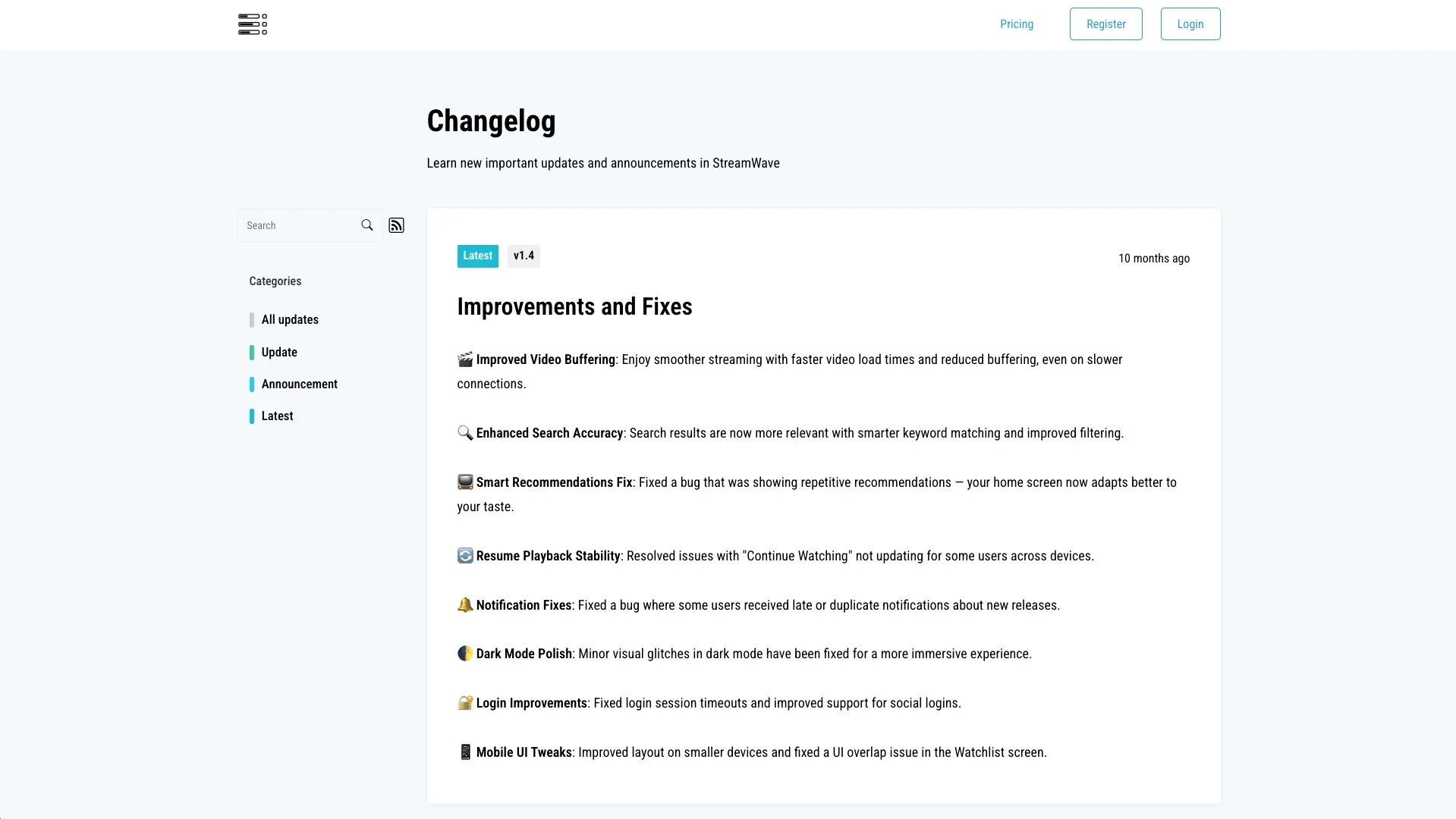 Sample SubPage Changelog