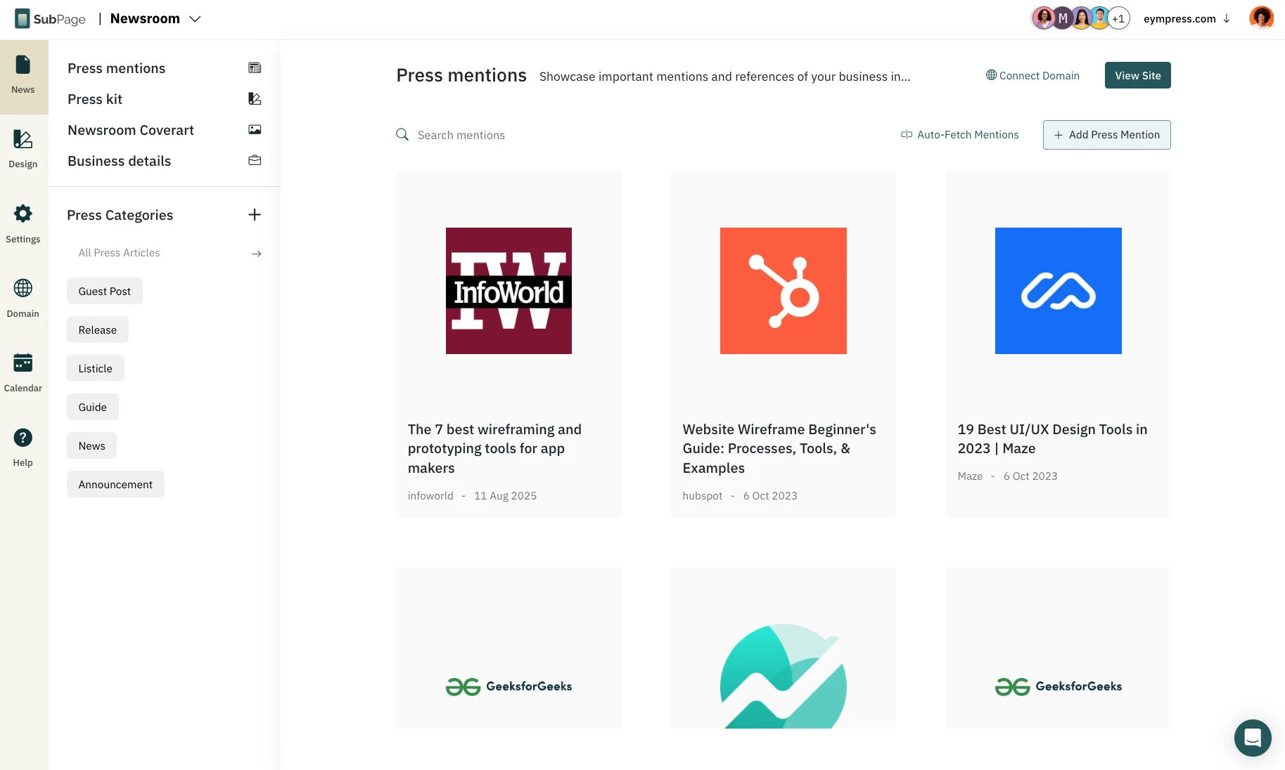 SubPage Newsroom Dashboard