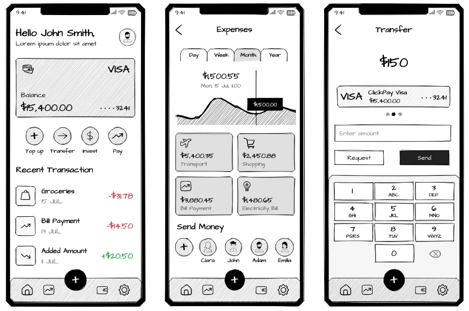 Sketchy Mobile Payment Transfer App Wireframe Template
