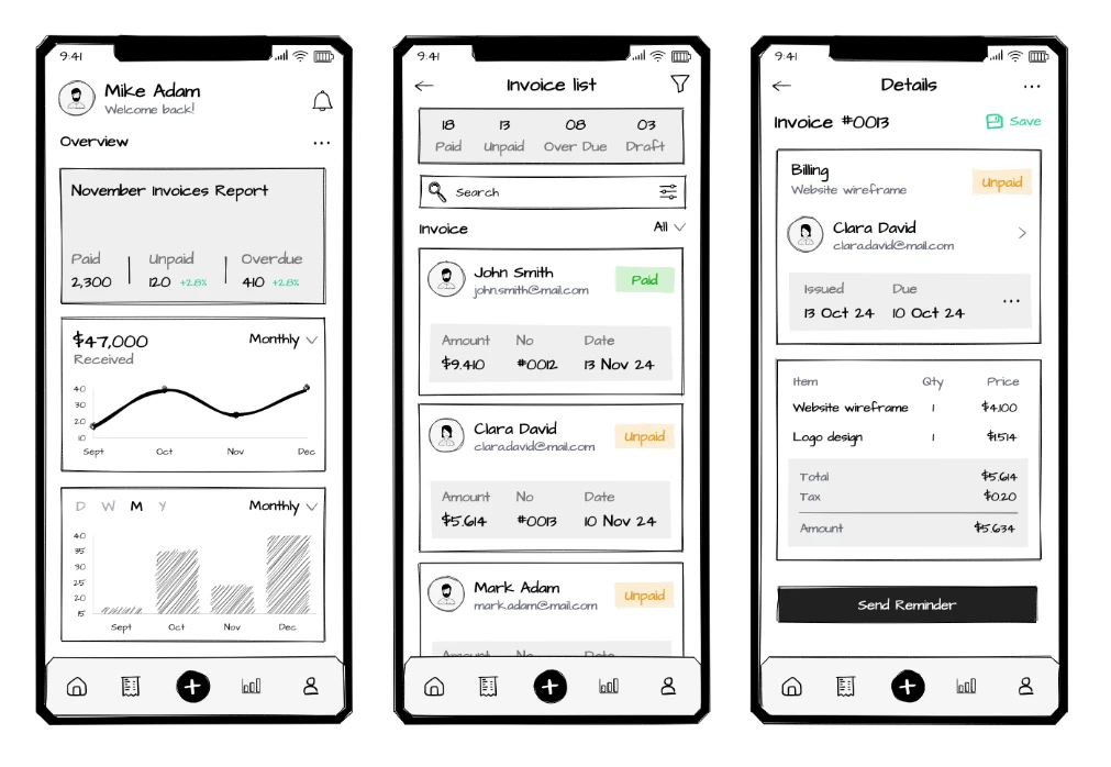 Accounting Mobile App Sketchy Wireframe Template