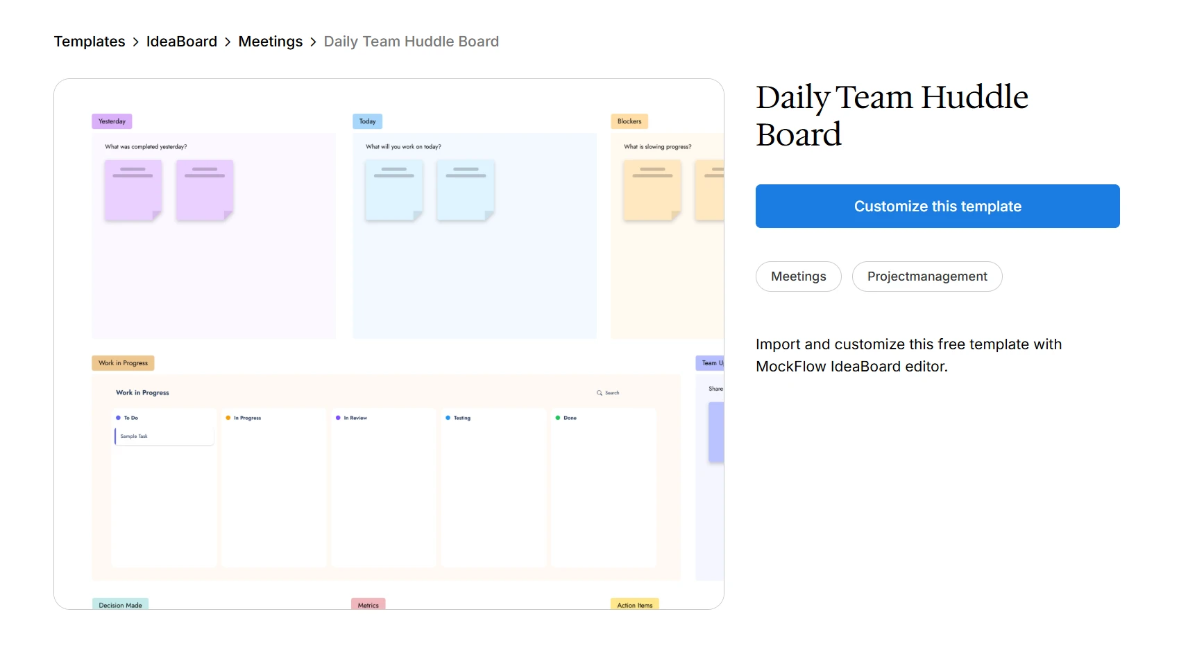 Customize this daily team huddle agenda board template for your next meeting