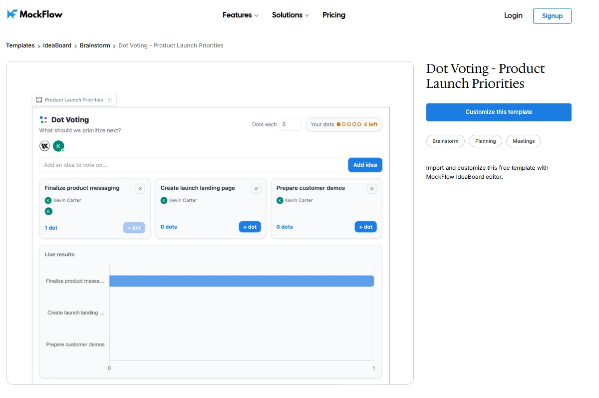 Customize this product launch priorities dot voting template