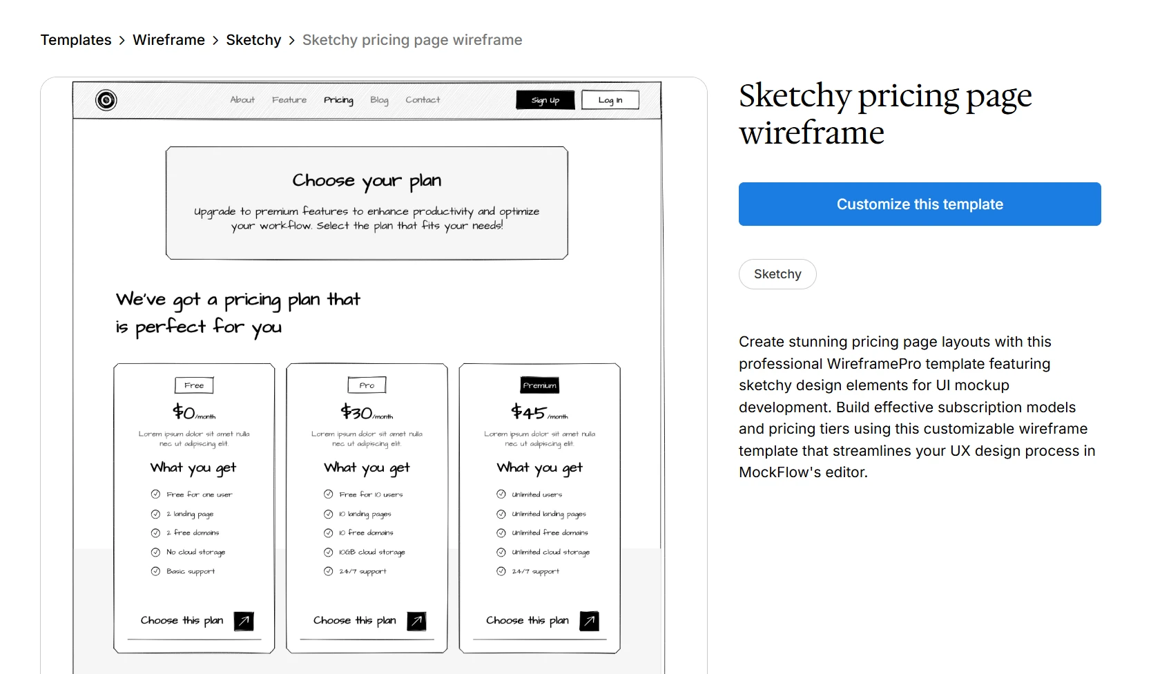 Customize this sketchy pricing page wireframe template