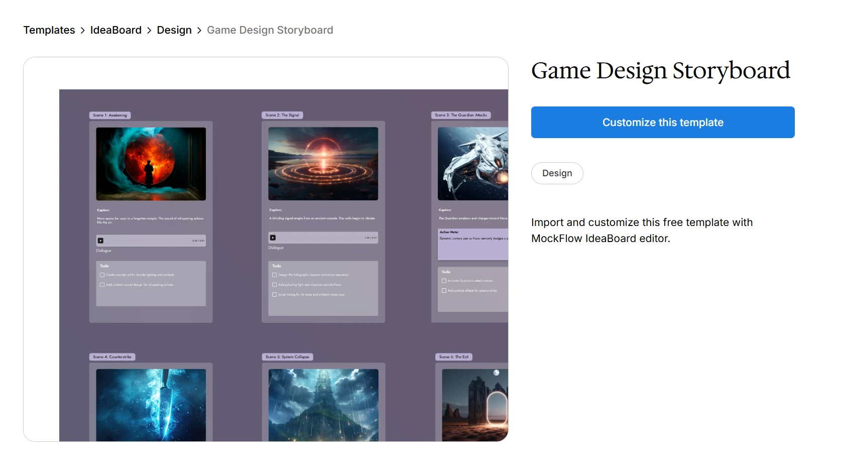 Customize game design storyboard template