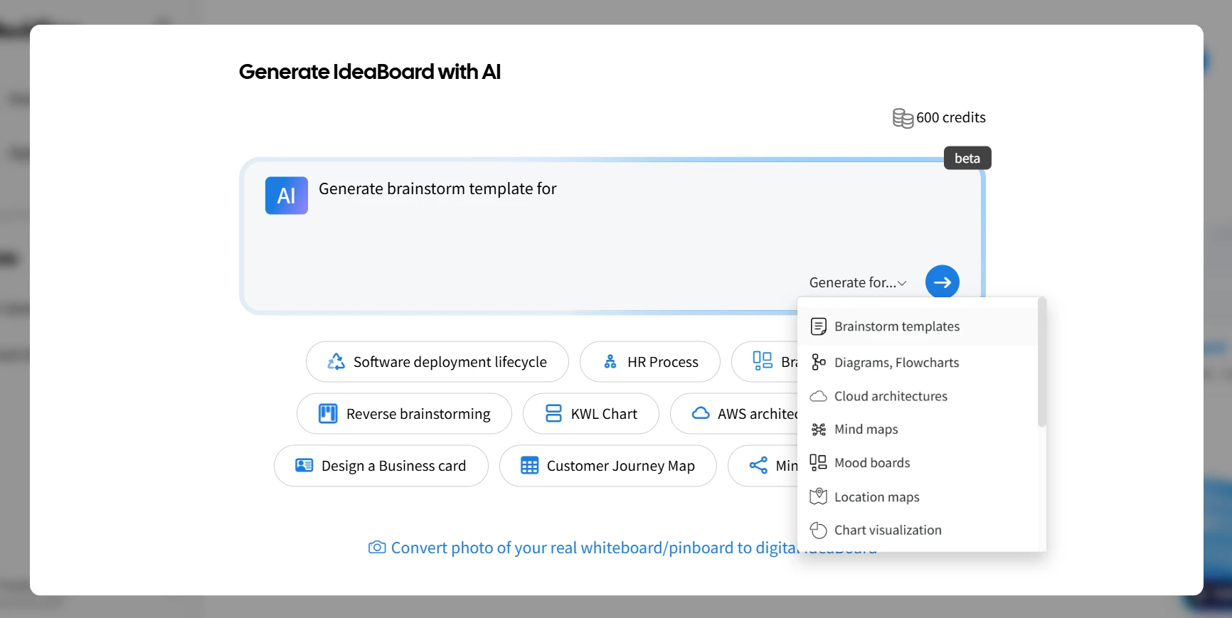 Generate brainstorming templates with AI on IdeaBoard