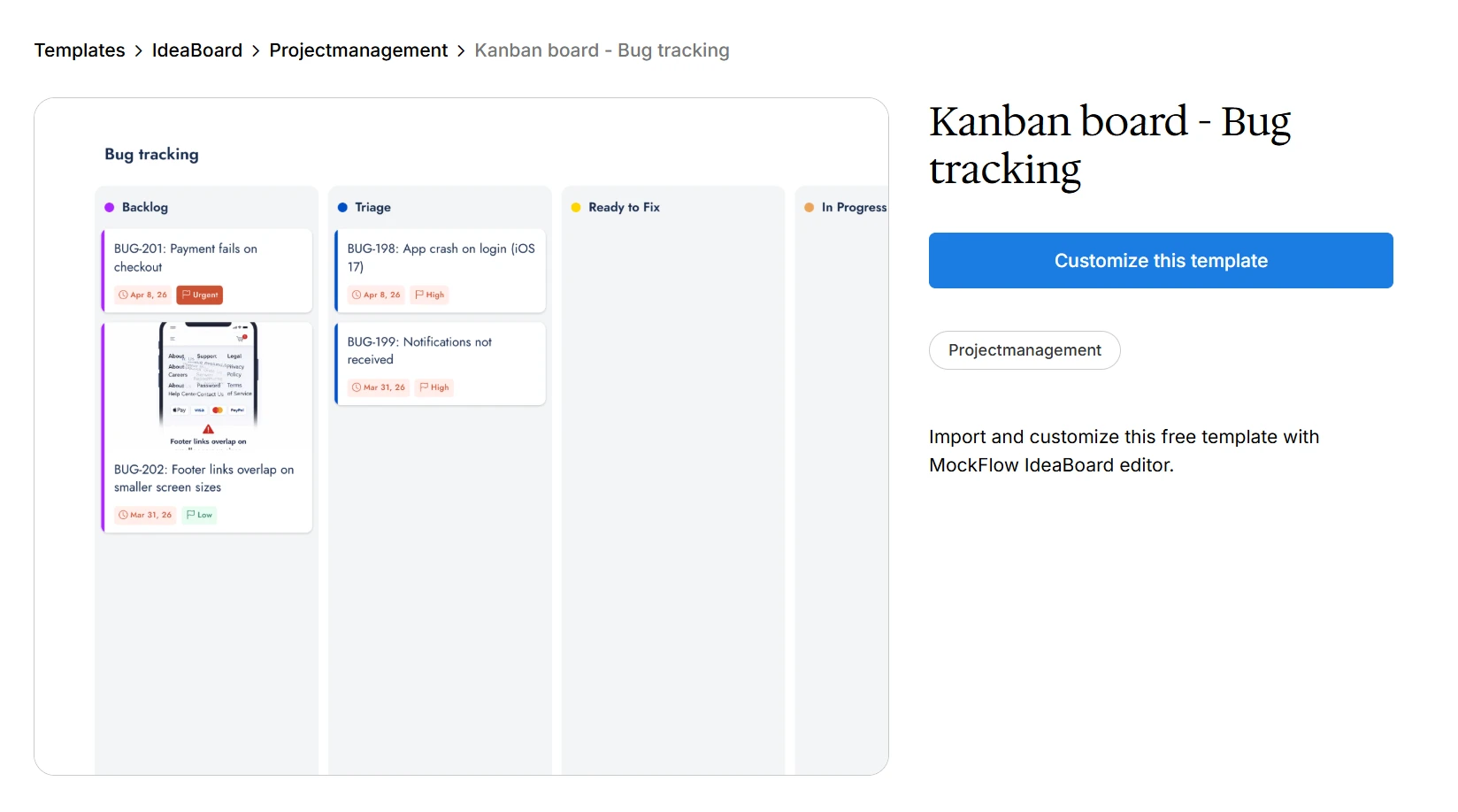 Customize this bug tracking Kanban board template