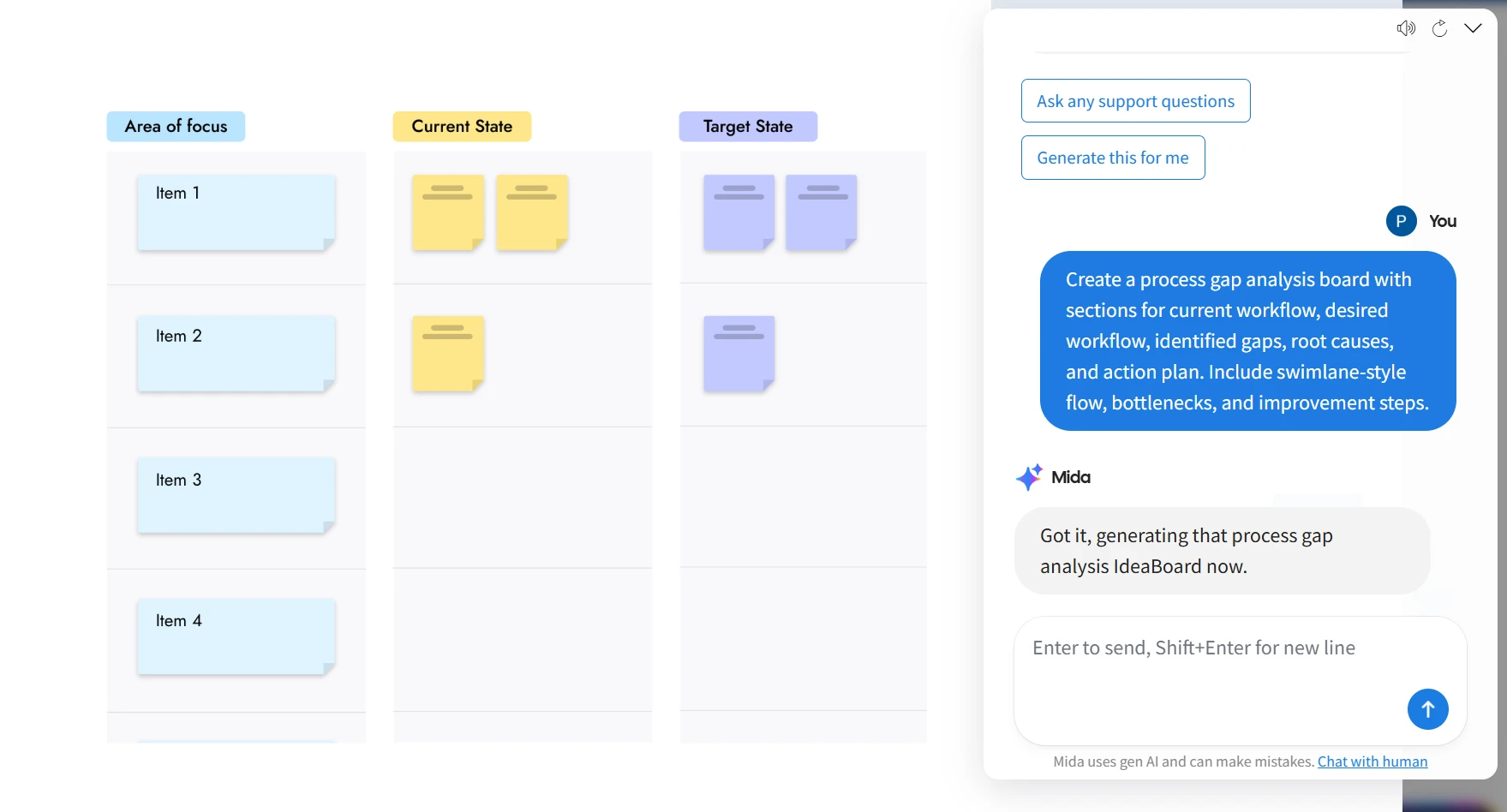 generate structured boards instantly and extend ideas with Mida AI