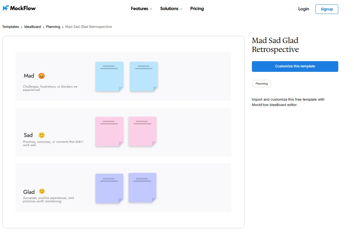 Customize this Mad, Sad, Glad retrospective template on IdeaBoard
