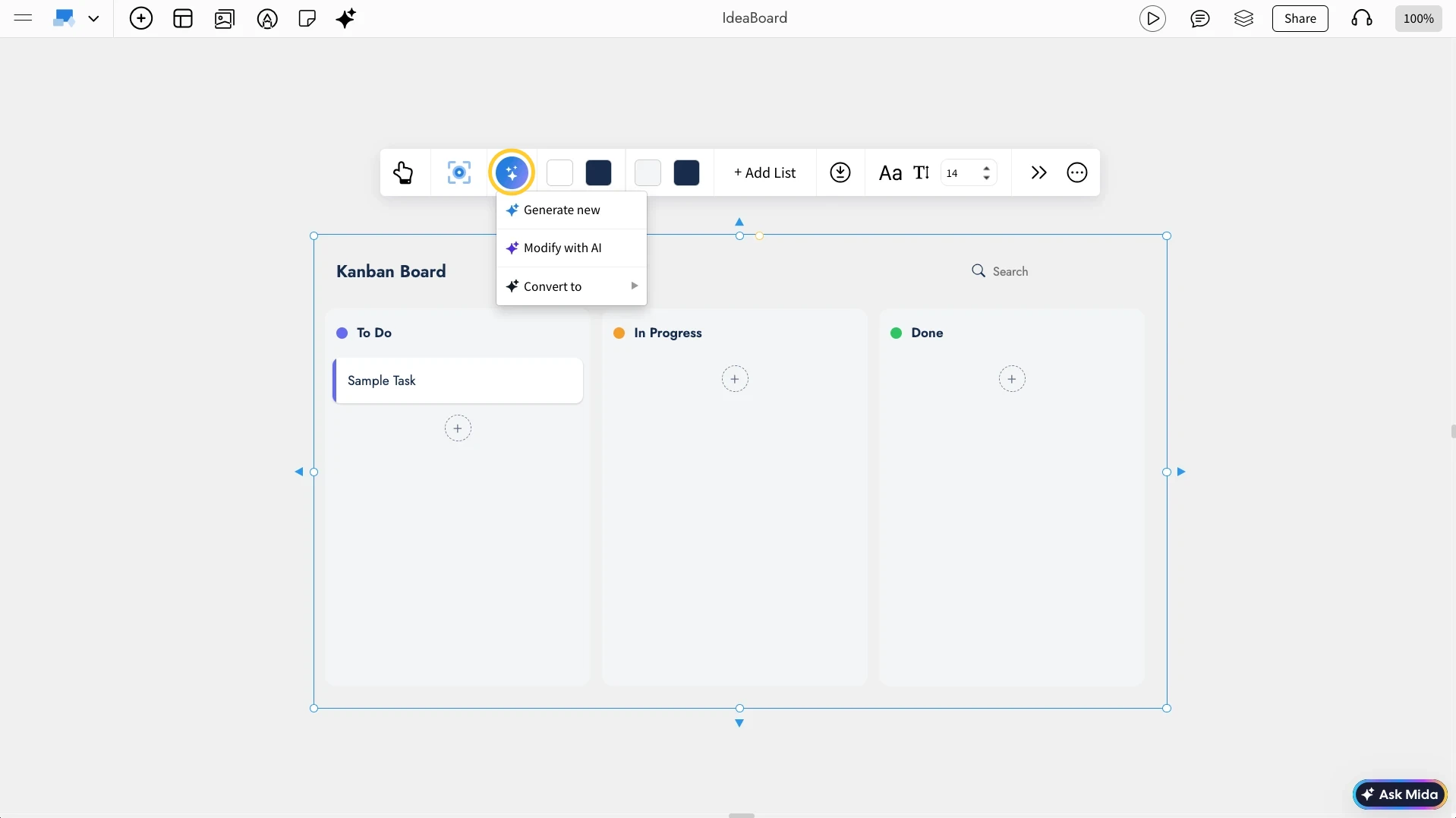 Generating Kanban Board with AI - MockFlow IdeaBoard