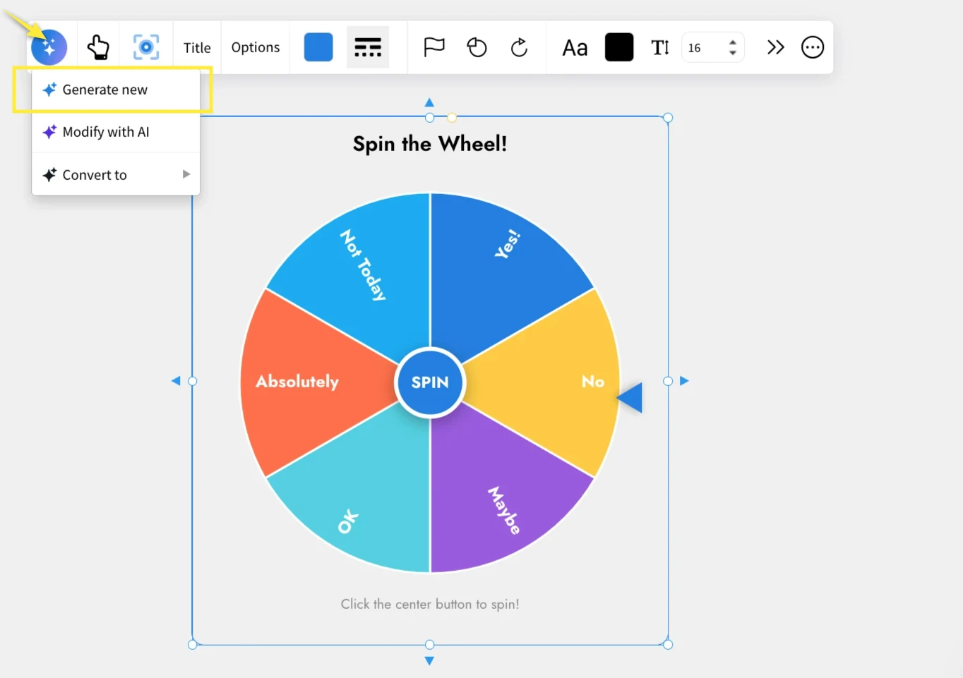 AI features in Spinning Wheel - MockFlow IdeaBoard
