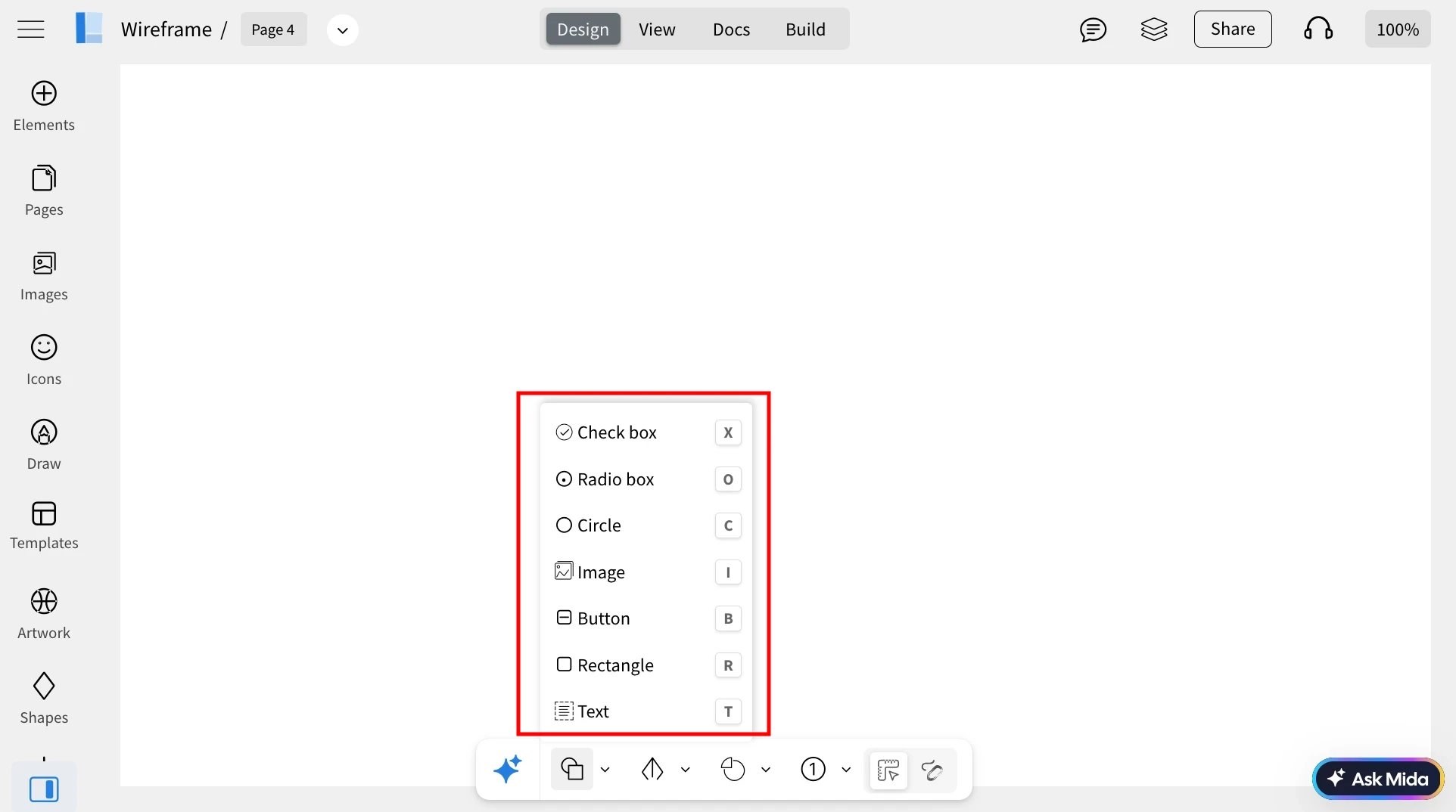 Mini Mode components Keyboard shortcuts