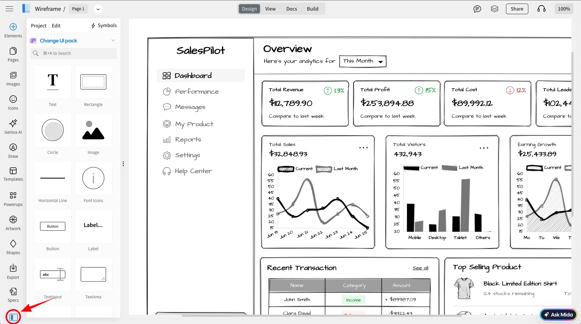 Navigating to the mini mode inside the MockFlow WireframePro editor