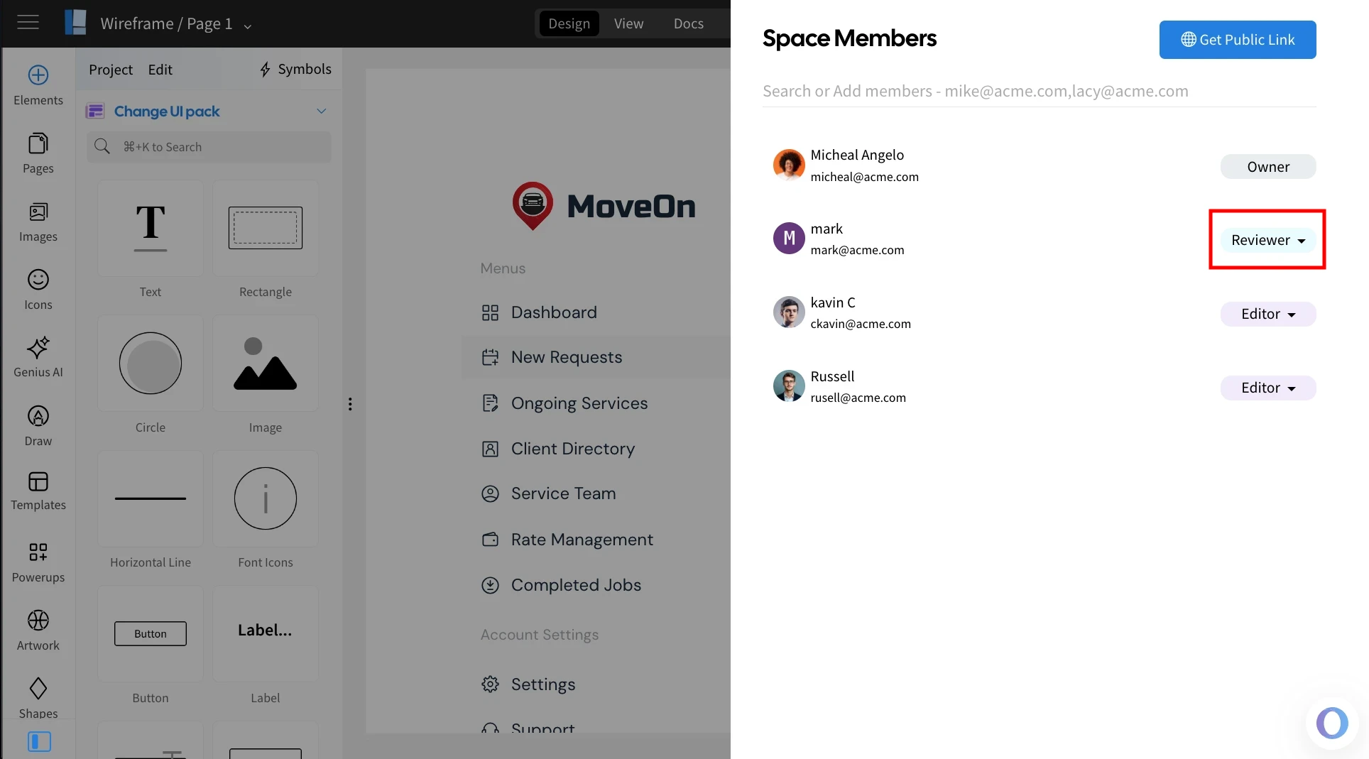 Role changing Dropdown menu navigation - MockFlow Wireframe Editor