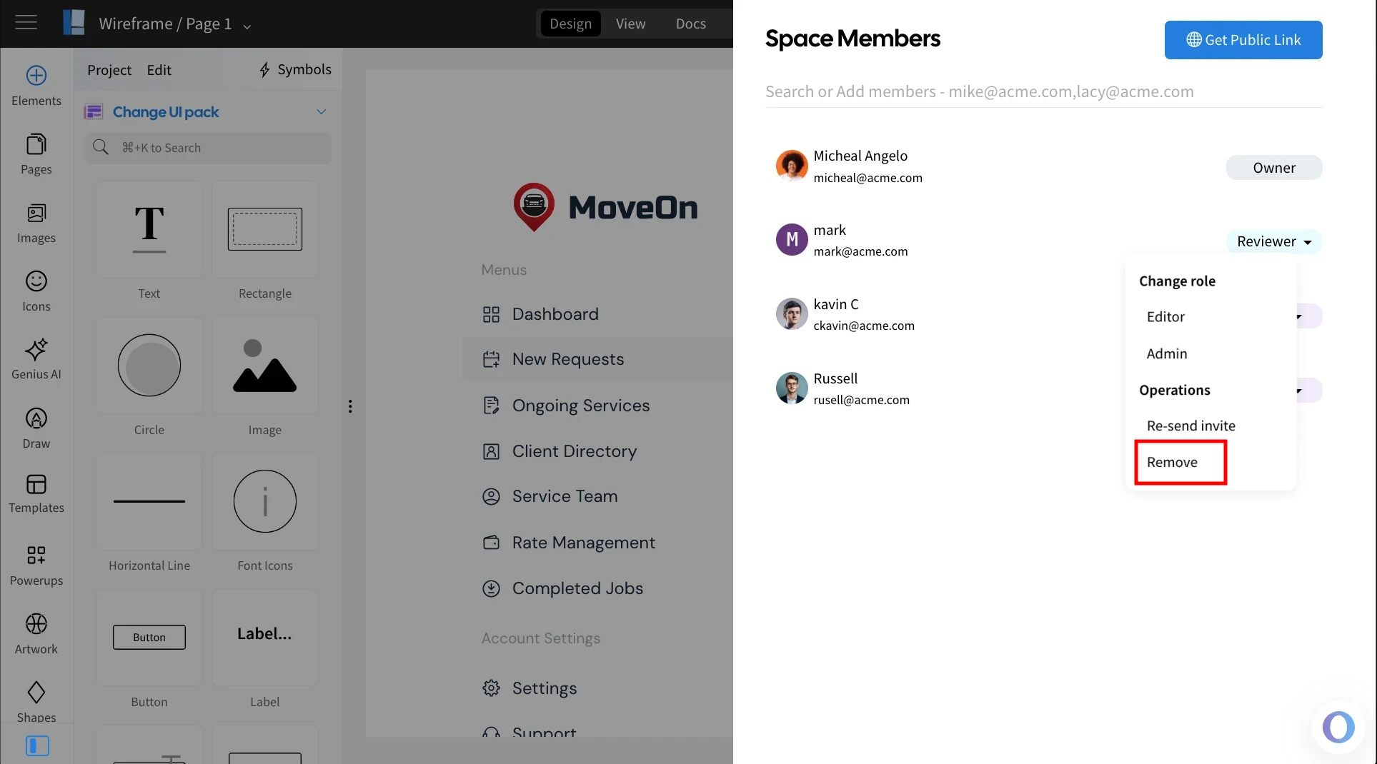 Removing the Team member - MockFlow Wireframe Editor