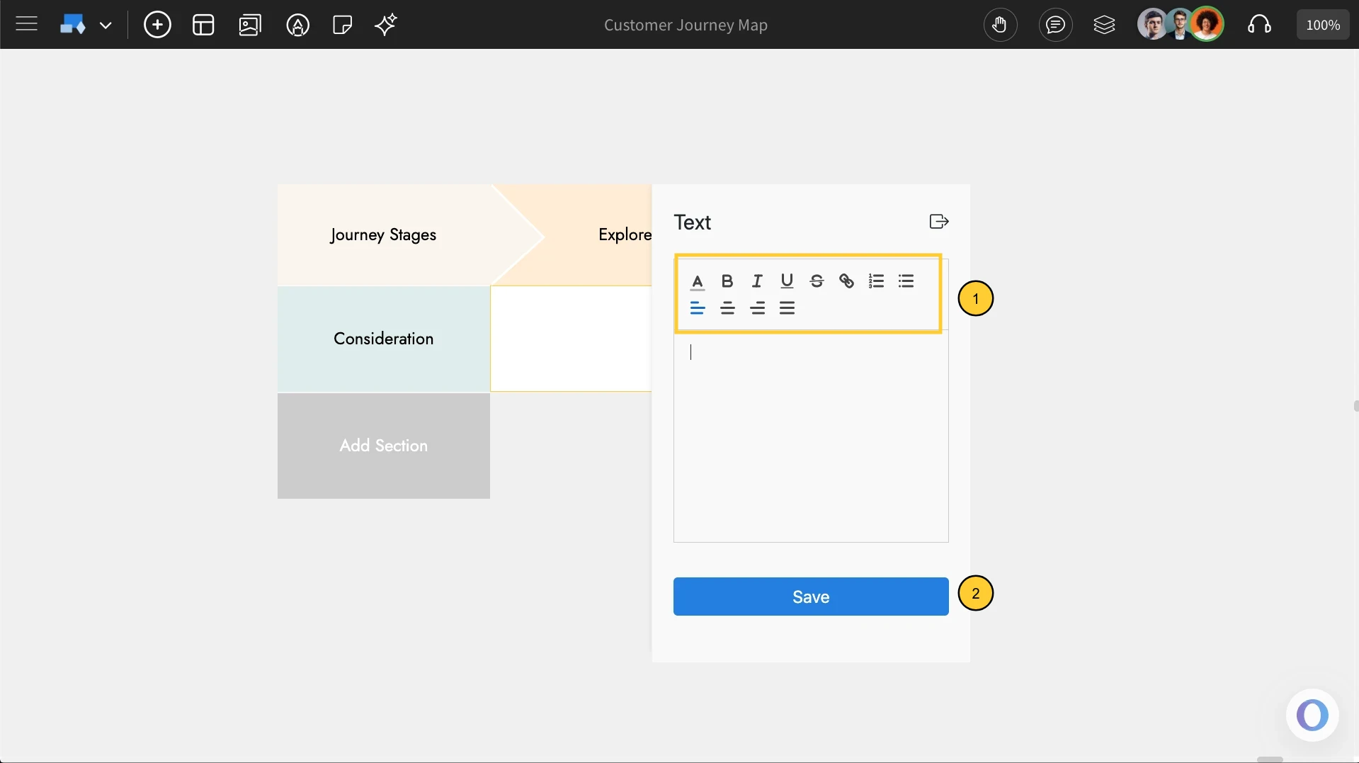Customizing and adding the text in the text type for Customer Journey Map - MockFlow IdeaBoard