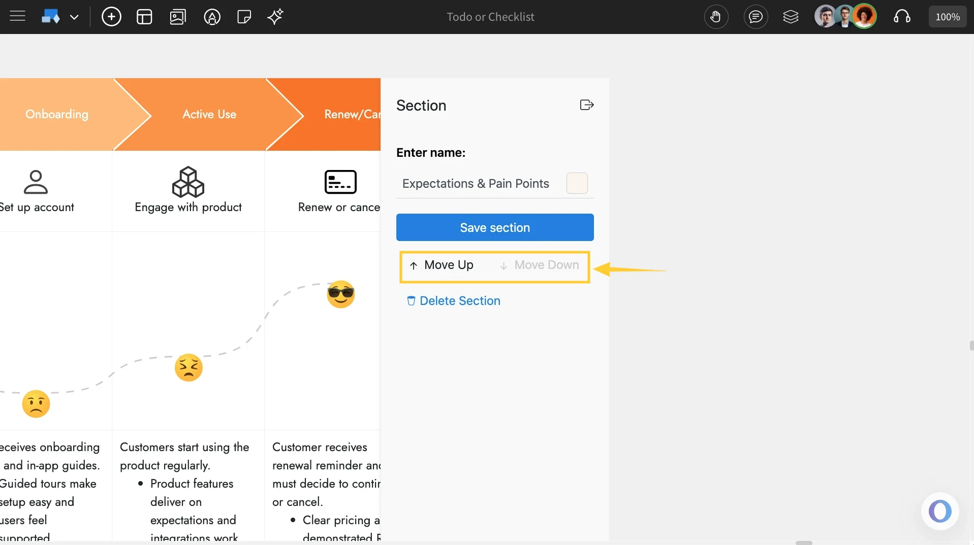 Sorting sections in Customer Journey Map - MockFlow IdeaBoard