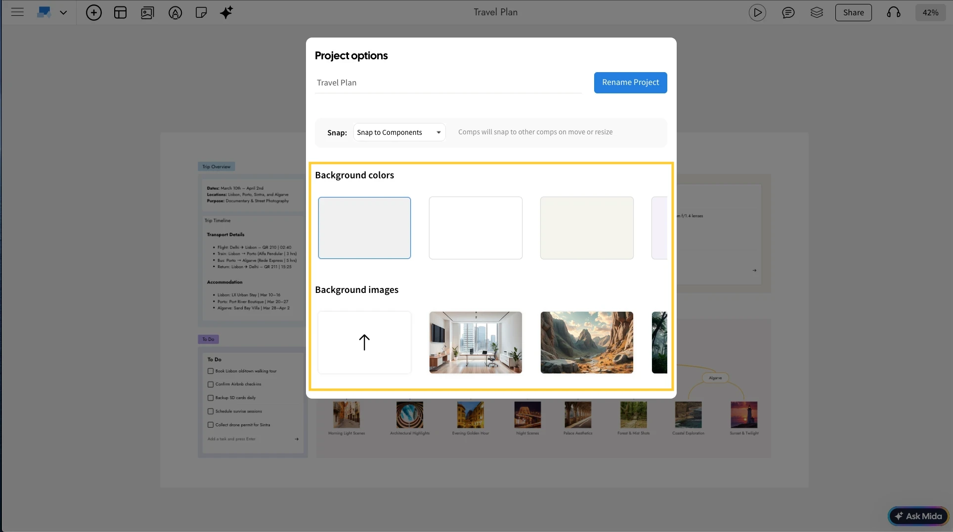Options to choose background colors or images