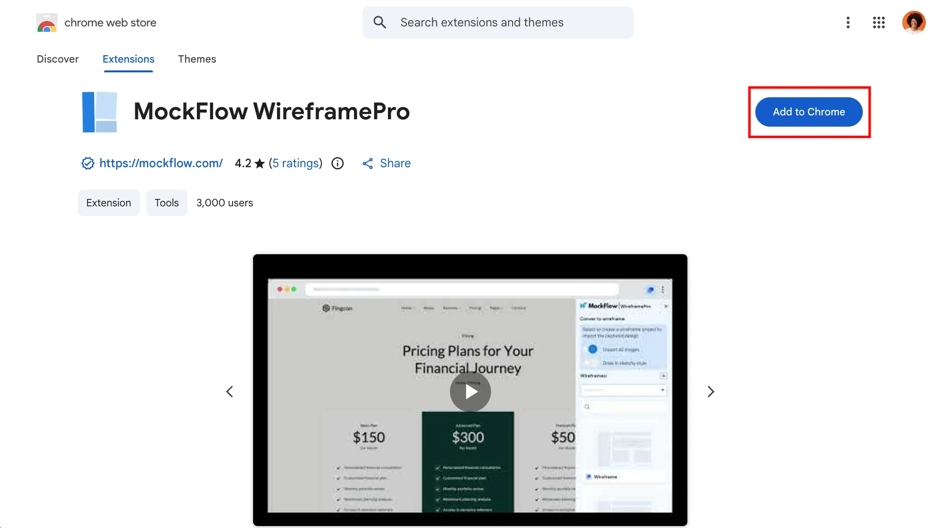 Navigate to Add to chrome - MockFlow WireframePro chrome extension