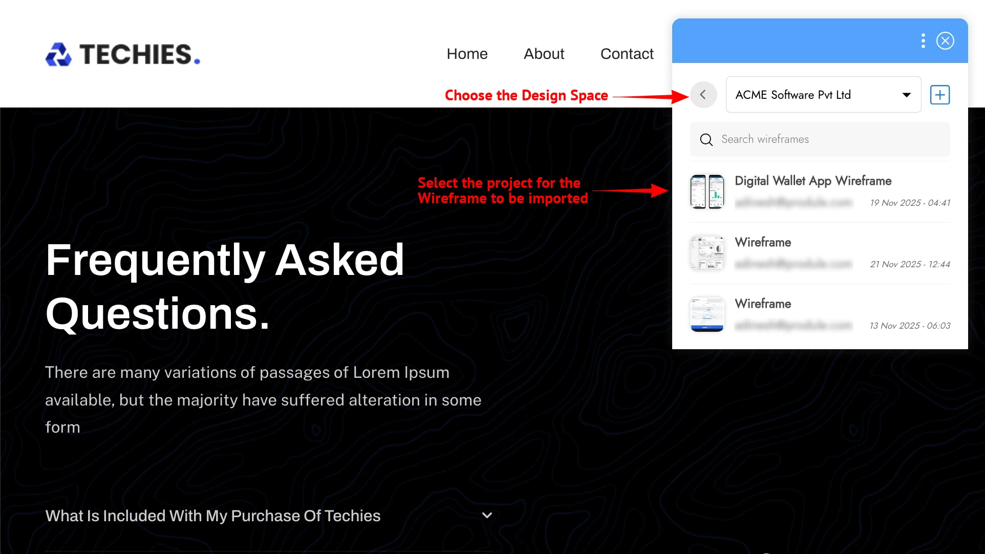 Selecting the Existing Project - MockFlow WireframePro Chrome Extension