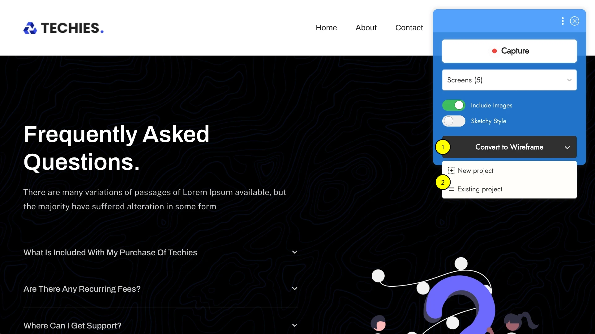 Choosing the options to convert to wireframe and save it - MockFlow WireframePro chrome extension