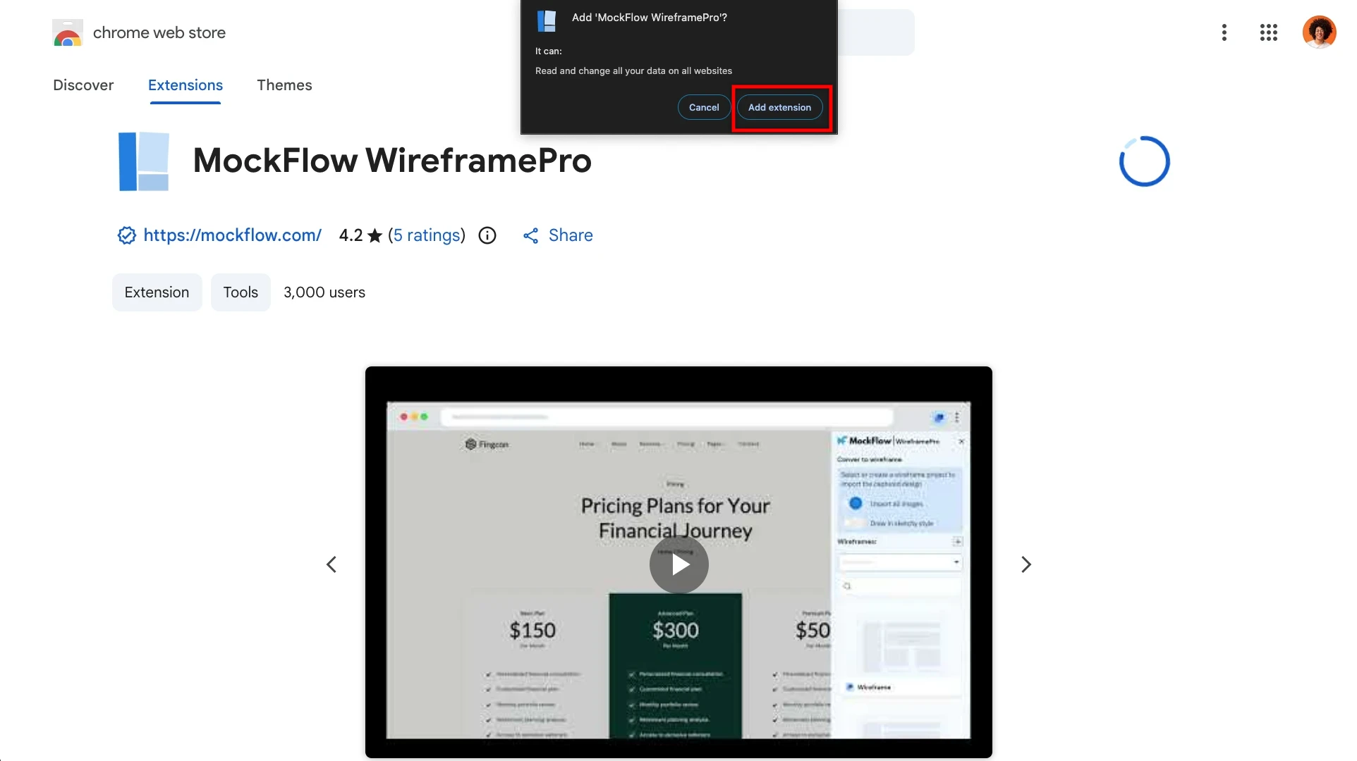 Click on Add Extension - MockFlow WireframePro