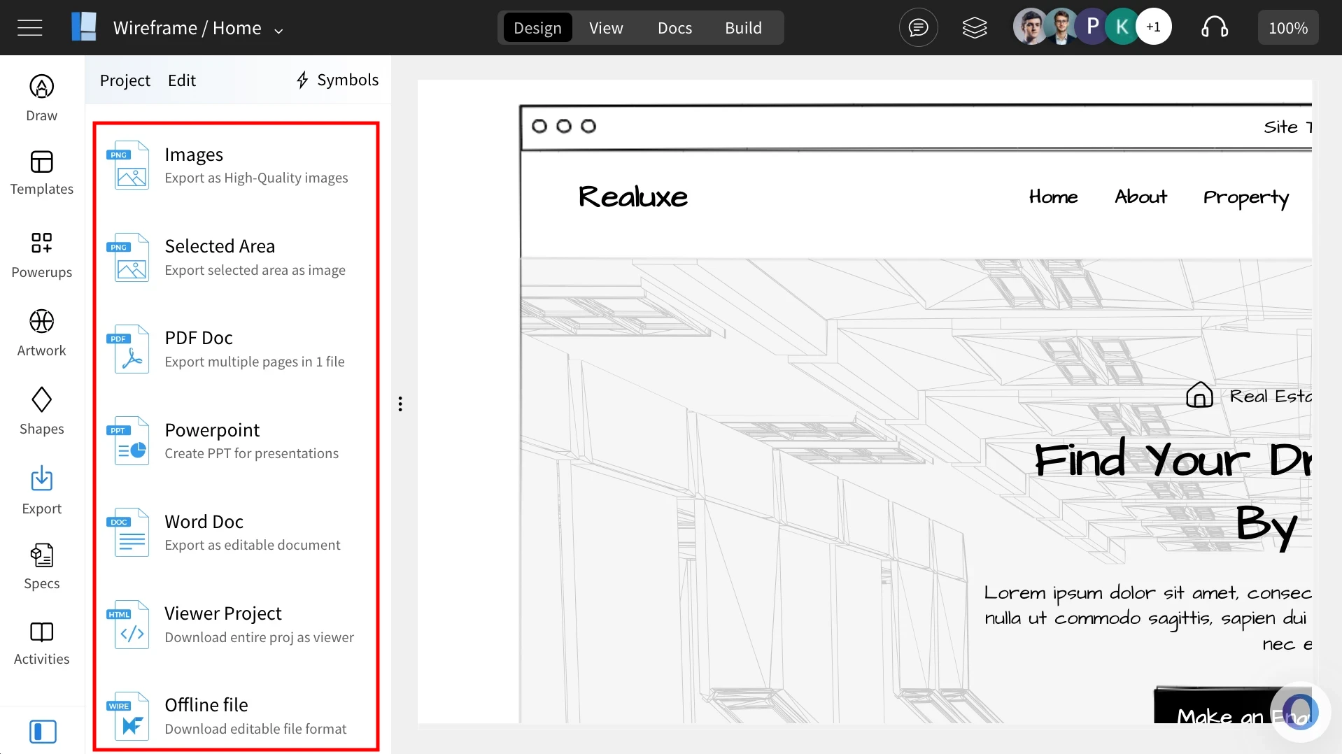 List of export format in MockFlow WireframePro