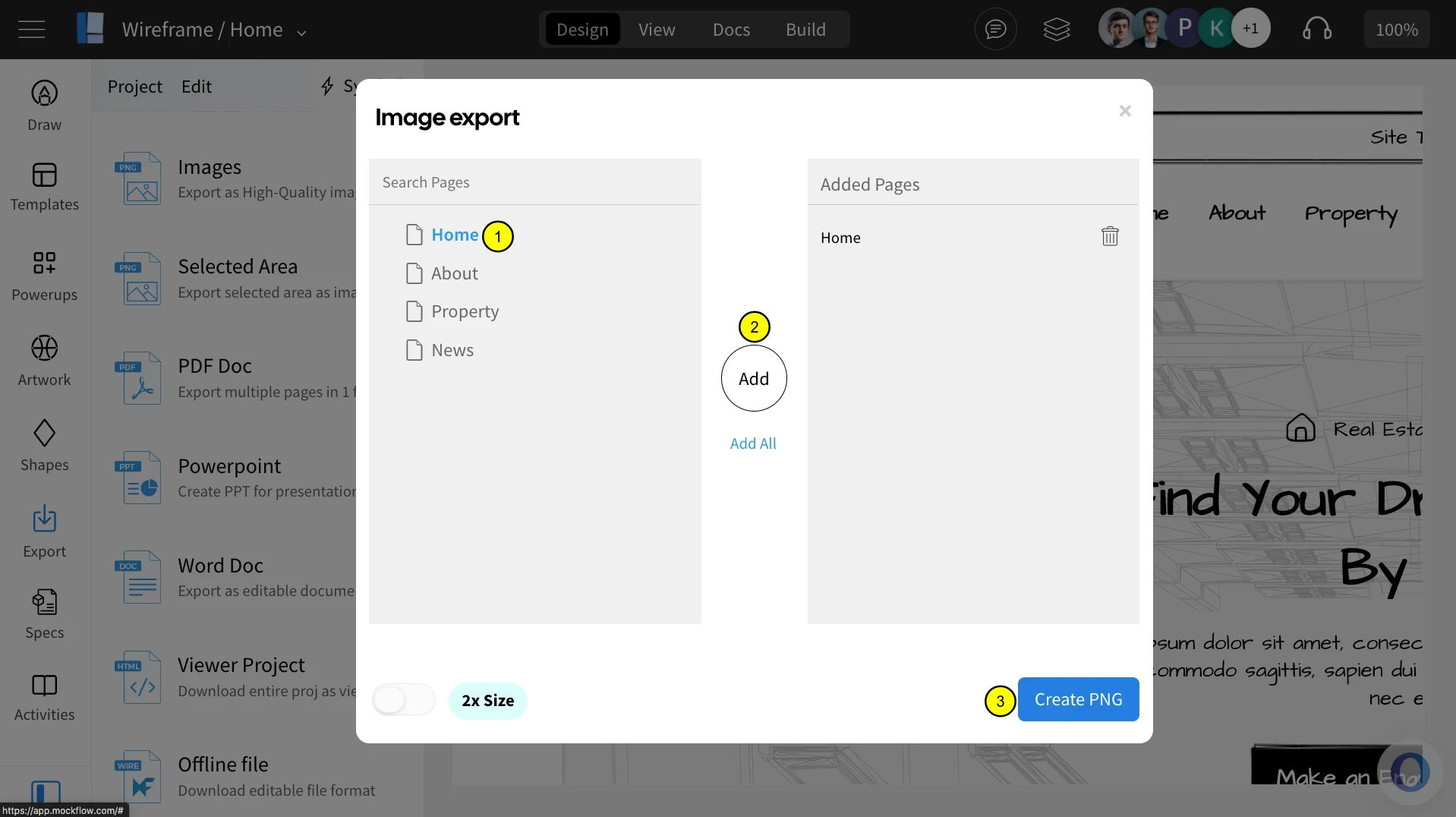 Selecting pages for export