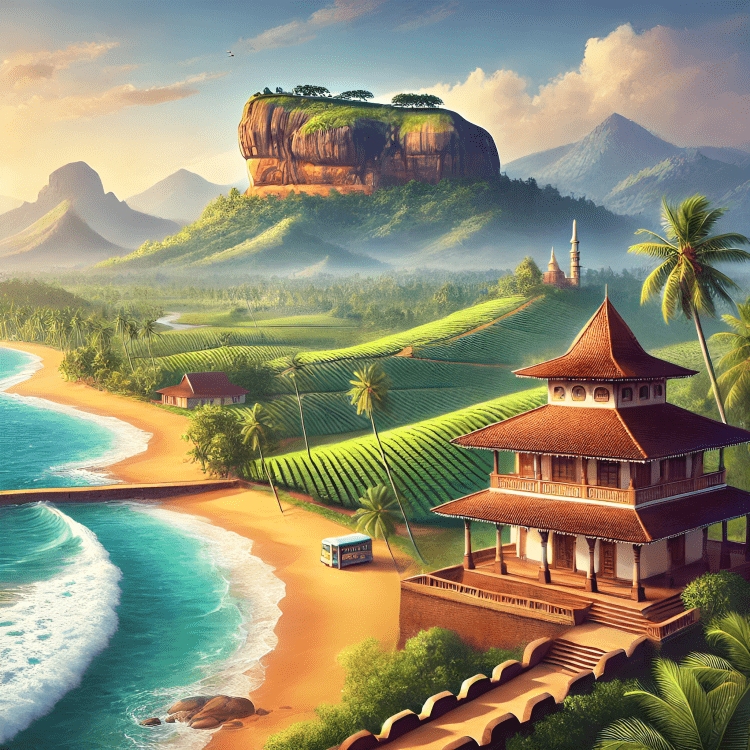 beautiful 22landscape of Sri Lanka featuring a serene beach with golden sands and crystal-clear waters, lush green tea plantations on rolling hills, a-min.png
