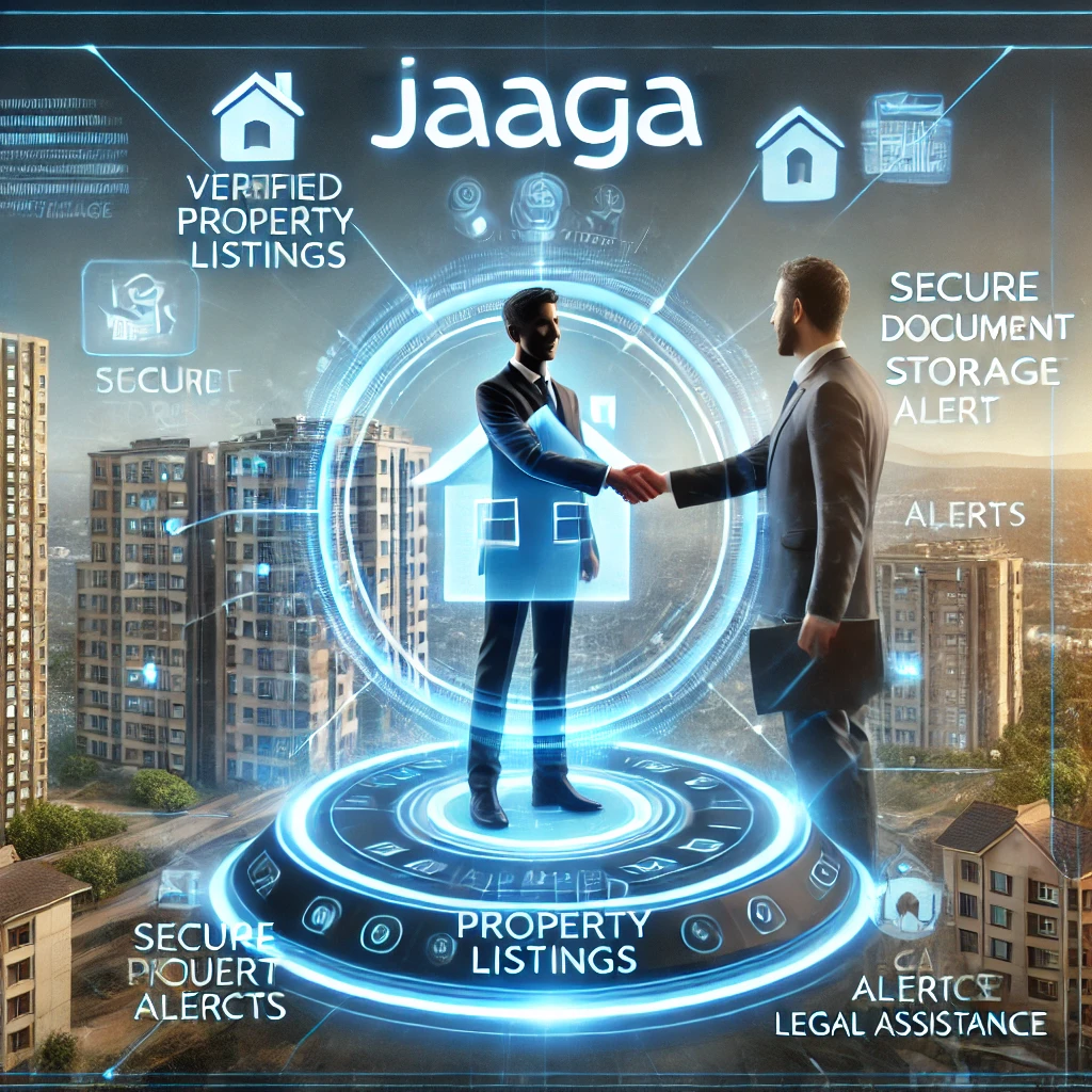 DALL·E 2025-02-21 15.50.57 - A realistic digital illustration showcasing Jaaga's real estate services in a secure property transaction. The image features a businessman interactin.webp